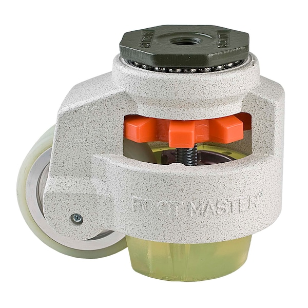 Leveling Caster, 75 mm Polyurethane Wheel, M16x2.0P Stem, Swivel, 800 kg Cap, PU Foot Pad, Ivory
